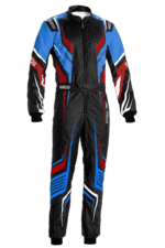 Grand Prix Racewear racing suit in blue, black, red, and white with sponsor logos, designed for motorsport drivers.