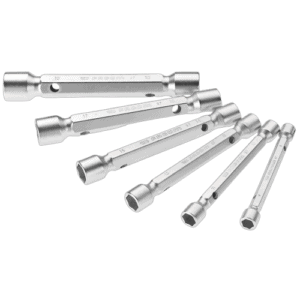 Set of six Facom metric double-ended forged socket wrenches in various sizes, made of durable metal for professional use.