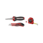 Folding pruning shears, utility knife, and tape measure from Facom 980.844pg Metre+Coupe-Tout+Cut set, ideal for professional trades and DIY projects.