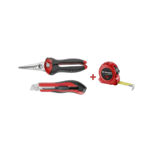 Folding pruning shears, utility knife, and tape measure from Facom 980.844pg Metre+Coupe-Tout+Cut set, ideal for professional trades and DIY projects.