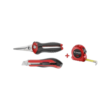 Folding pruning shears, utility knife, and tape measure from Facom 980.844pg Metre+Coupe-Tout+Cut set, ideal for professional trades and DIY projects.