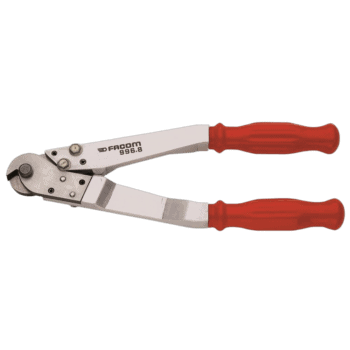 Facom steel cable cutters with red handles, ideal for electrical and industrial use, featuring durable construction and sharp cutting blades.