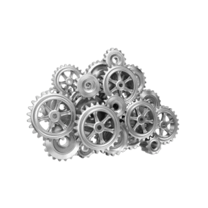Collection of metallic gears and sprockets for mechanical or industrial use.