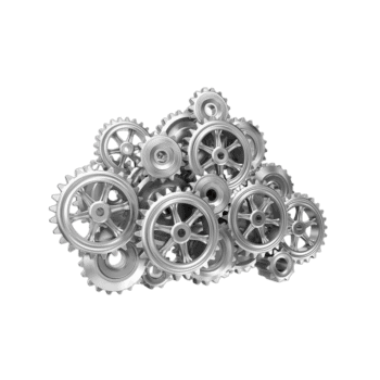 Collection of metallic gears and sprockets for mechanical or industrial use.