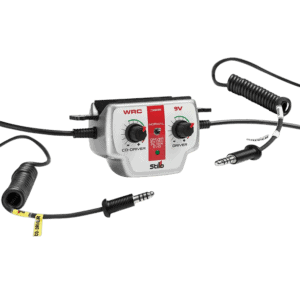 Stilo WRC 9V co-driver intercom system for rally racing with dual microphone and volume controls.