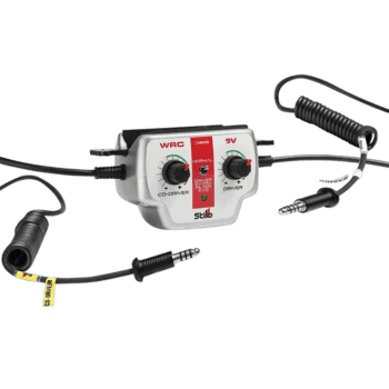 Stilo WRC 9V co-driver intercom system for rally racing with dual microphone and volume controls.
