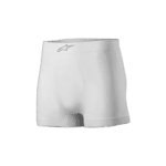 White racing shorts with Alpinestars logo, designed for motorsport safety and performance.