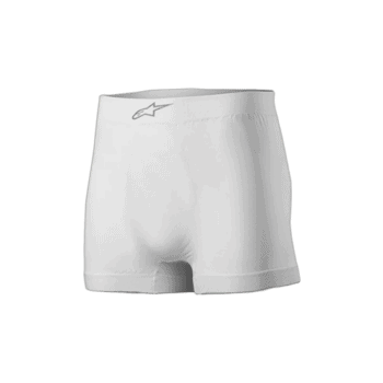 White racing shorts with Alpinestars logo, designed for motorsport safety and performance.