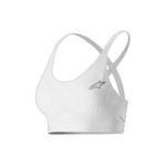 White racing sports bra with Alpinestars logo, designed for motorsport enthusiasts and racers, offering comfort and support during high-performance activities.
