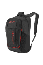 Black Alpinestars racing backpack with red logo and accents, designed for motorsport enthusiasts and professionals.