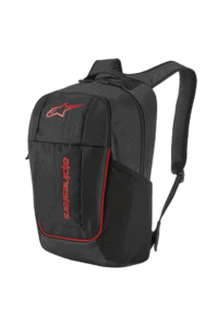 Black Alpinestars racing backpack with red logo and accents, designed for motorsport enthusiasts and professionals.