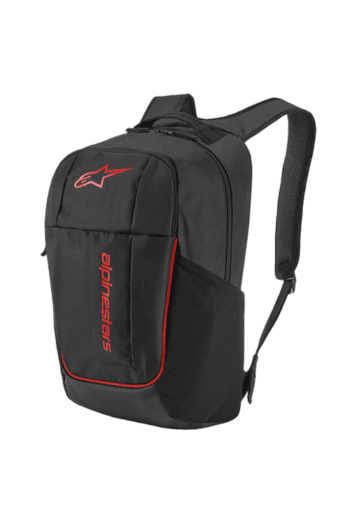 Black Alpinestars racing backpack with red logo and accents, designed for motorsport enthusiasts and professionals.