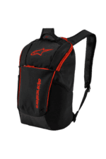 Black and red Alpinestars racing backpack with multiple compartments, designed for motorsport enthusiasts and racers.