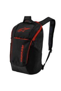 Black and red Alpinestars racing backpack with multiple compartments, designed for motorsport enthusiasts and racers.
