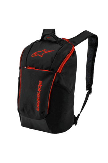 Black and red Alpinestars racing backpack with multiple compartments, designed for motorsport enthusiasts and racers.