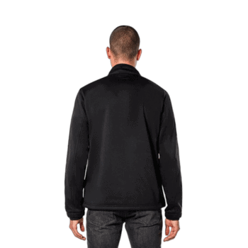 Close-up of a black Grand Prix Racewear racing jacket on a male model, back view, showcasing professional motorsport apparel.