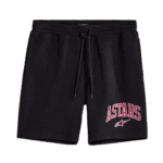 Black Alpinestars Dunker Shorts with pink and white logo, ideal for motorsport enthusiasts and casual wear.