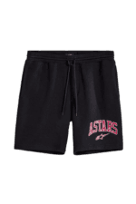 Black Alpinestars Dunker Shorts with pink and white logo, ideal for motorsport enthusiasts and casual wear.