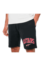 Men's black casual shorts with 'ASTARS' logo and Alpinestars emblem, perfect for motorsport enthusiasts and casual wear.