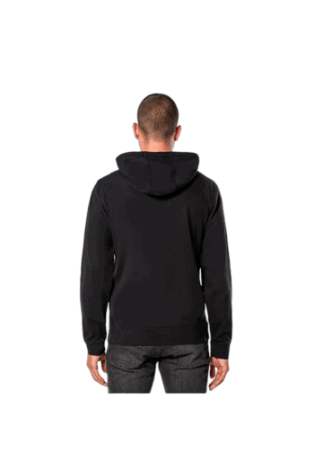 Back view of a man wearing a black Grand Prix Racewear hoodie, suitable for motorsport enthusiasts and racers.