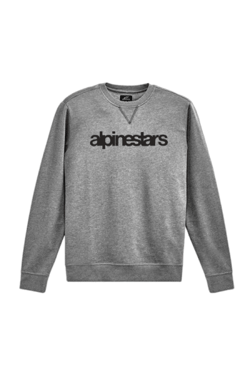 Grey Alpinestars sweatshirt with black logo, ideal for motorsport fans and racing enthusiasts.