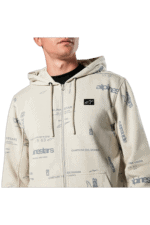 Close-up of a person wearing a white Grand Prix Racewear racing jacket with sponsor logos, hood, and zip-up front.