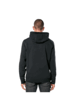 Back view of a man wearing a black racing hoodie, suitable for motorsport enthusiasts and racewear fans.