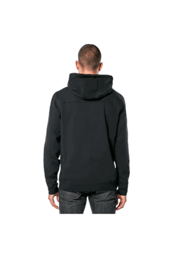 Back view of a man wearing a black racing hoodie, suitable for motorsport enthusiasts and racewear fans.