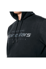 Close-up of a black racing hoodie with 'Racewear' and 'spire stars' logo, designed for motorsport enthusiasts and racers.
