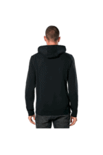Back view of a man wearing a black hoodie, suitable for racing or casual wear, on a plain background.