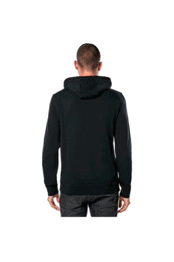 Back view of a man wearing a black hoodie, suitable for racing or casual wear, on a plain background.