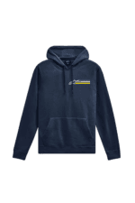 Navy blue Grand Prix Racewear hoodie with logo and yellow stripe, ideal for motorsport enthusiasts and racers.