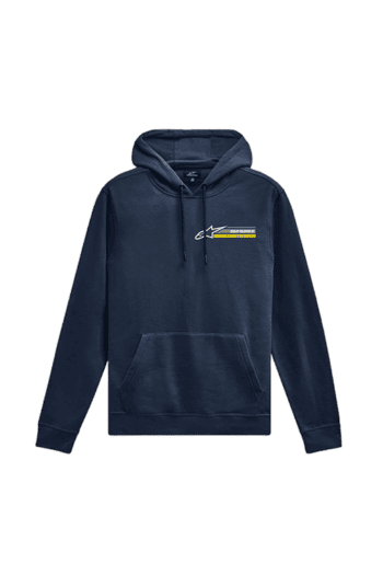 Navy blue Grand Prix Racewear hoodie with logo and yellow stripe, ideal for motorsport enthusiasts and racers.