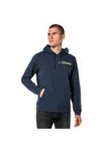 Male model wearing a navy blue Grand Prix Racewear hoodie with racing stripe design, standing against a plain white background.