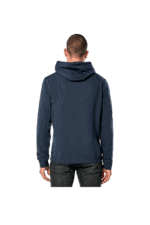 Back view of a man wearing a navy blue hoodie, showcasing casual racing apparel from Grand Prix Racewear.
