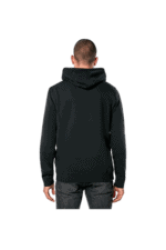 Back view of a man wearing a black Grand Prix Racewear hoodie, suitable for motorsport enthusiasts and racers.