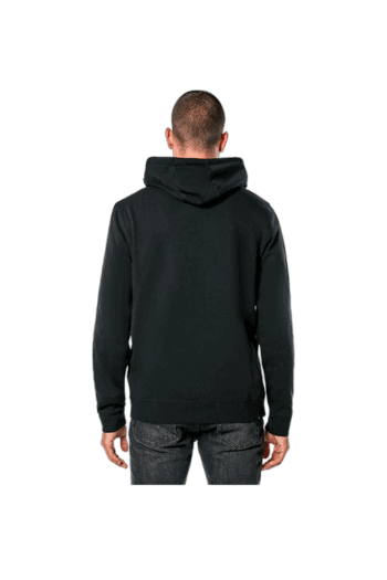 Back view of a man wearing a black Grand Prix Racewear hoodie, suitable for motorsport enthusiasts and racers.