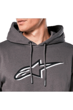 Close-up of a man wearing a dark grey hoodie with a large Alpinestars logo on the chest, suitable for motorsport enthusiasts.