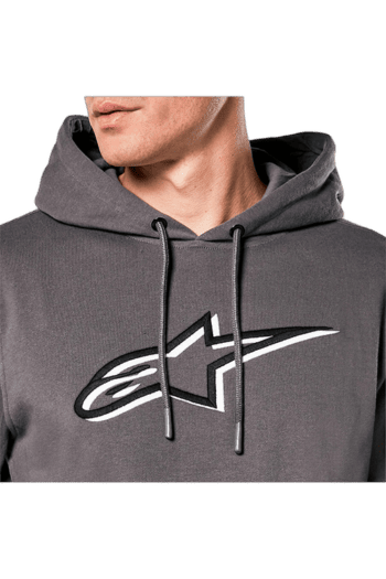 Close-up of a man wearing a dark grey hoodie with a large Alpinestars logo on the chest, suitable for motorsport enthusiasts.