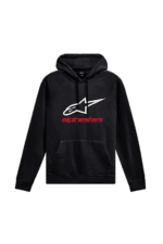 Black Alpinestars hoodie with white and red logo, ideal for motorsport fans and casual wear.