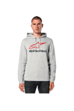 Male model wearing a grey Alpinestars hoodie with red logo, standing against a plain background.