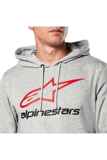 Close-up of a person wearing a grey Alpinestars hoodie with a red and black logo, suitable for motorsport enthusiasts.