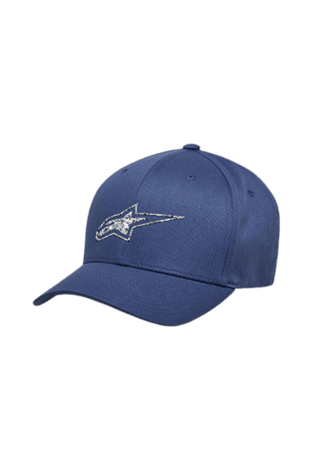 Blue Alpinestars racing cap with embroidered logo, ideal for motorsport enthusiasts and racewear fans.