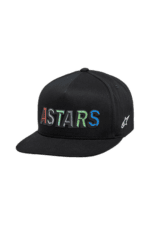 Black baseball cap with 'ASTARS' embroidered in multicoloured letters, featuring a small white logo on the side, ideal for motorsport fans and racewear enthusiasts.