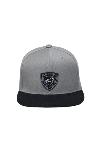Grey and black Alpinestars racing cap with logo patch, designed for motorsport enthusiasts.