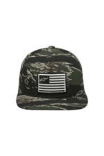 Camouflage baseball cap with American flag patch and Alpinestars logo, ideal for motorsport enthusiasts.