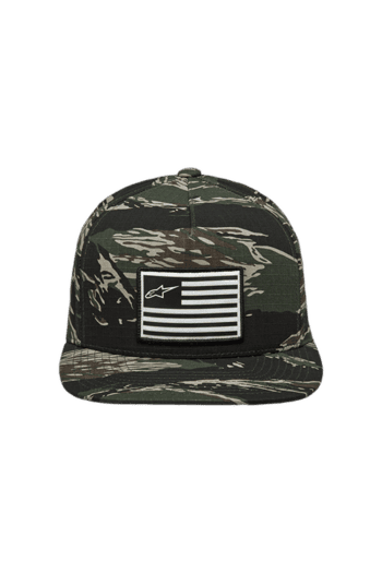 Camouflage baseball cap with American flag patch and Alpinestars logo, ideal for motorsport enthusiasts.