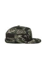 Camouflage racing cap with adjustable strap, designed for motorsport enthusiasts and racewear fans.
