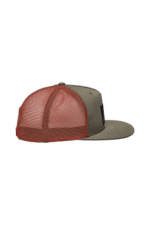 Stylish grey and red mesh trucker cap with adjustable strap, ideal for motorsport enthusiasts and racewear fans.