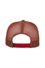 Back view of a brown mesh racing cap with red adjustable strap, designed for motorsport enthusiasts and drivers.